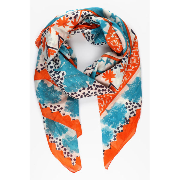 livs Cotton Scarf - Camel & Palm Print, Blue & Orange (180x100cm)