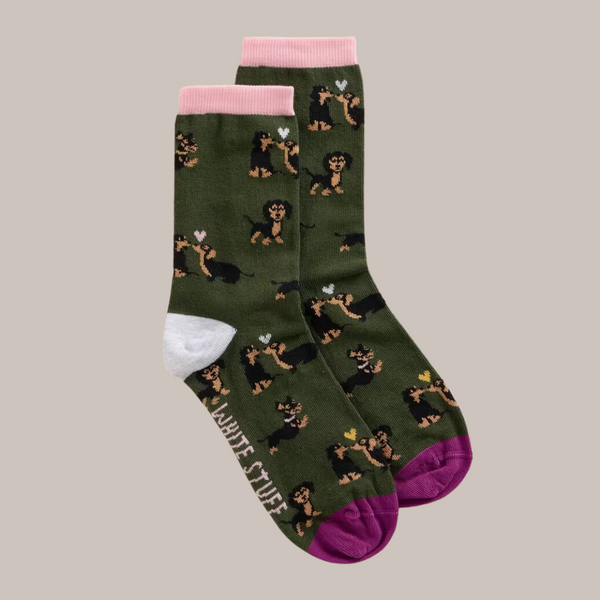 White Stuff Kissing Sausage Dog Ankle Socks - Green Multi