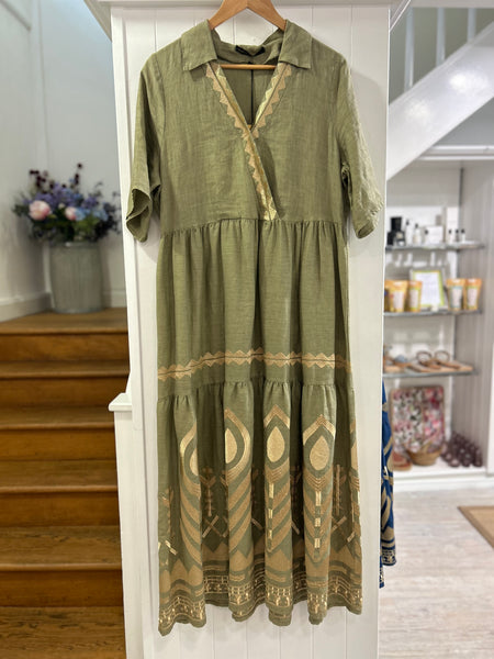 Greek Archaic Short Sleeve Long Feather Dress In Tea With Gold Detail