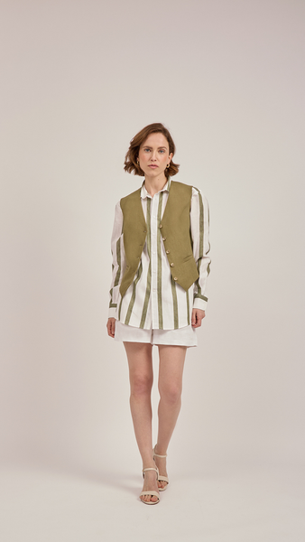 Anna James Tailored Waistcoat In Khaki Linen By