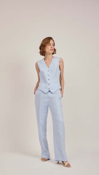 Anna James Tailored Waistcoat In Sky Blue Linen By