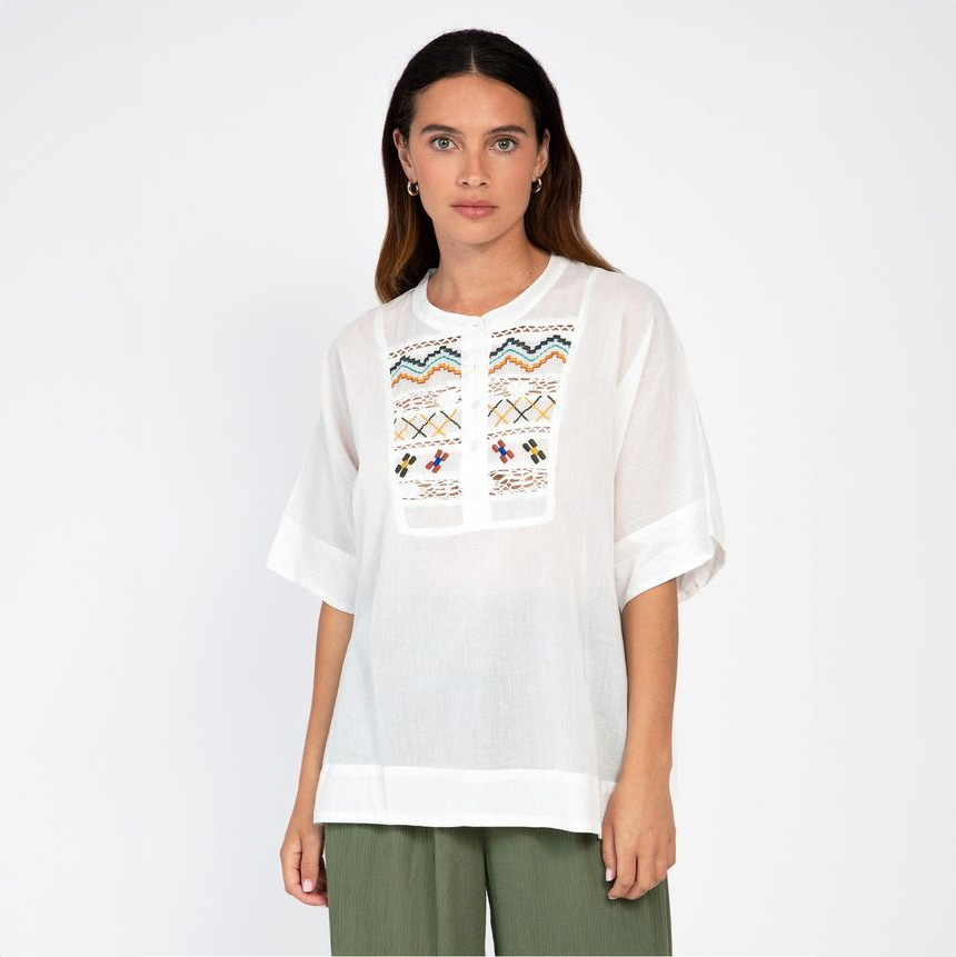ange  Embroidered Front Cotton Tunic