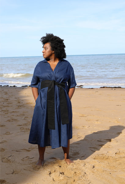 Lora Gene Aja's Linen Dress with Belt In Blue/Black