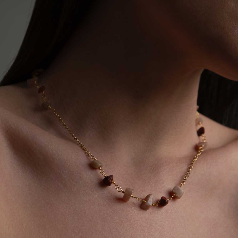 A Weathered Penny  Gold Plated Sunstone and Red Jasper Necklace