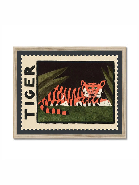 Roomytown Natural Wood Framed Tiger Vintage Stamp - A3 Giclee Print