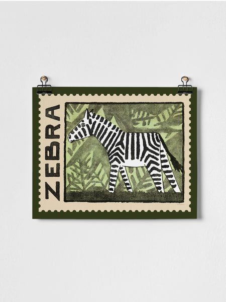 Roomytown Unframed Print Zebra Vintage Stamp - A3 Giclee Print