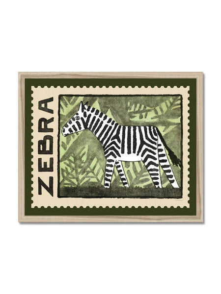 Roomytown Natural Wood Framed Zebra Vintage Stamp - A3 Giclee Print