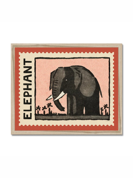 Roomytown Natural Wood Framed Elephant Vintage Stamp - A3 Giclee Print