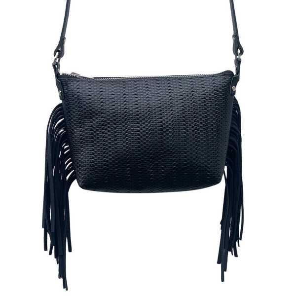 Antigone Arete Black Fringed Crossbody Bag By