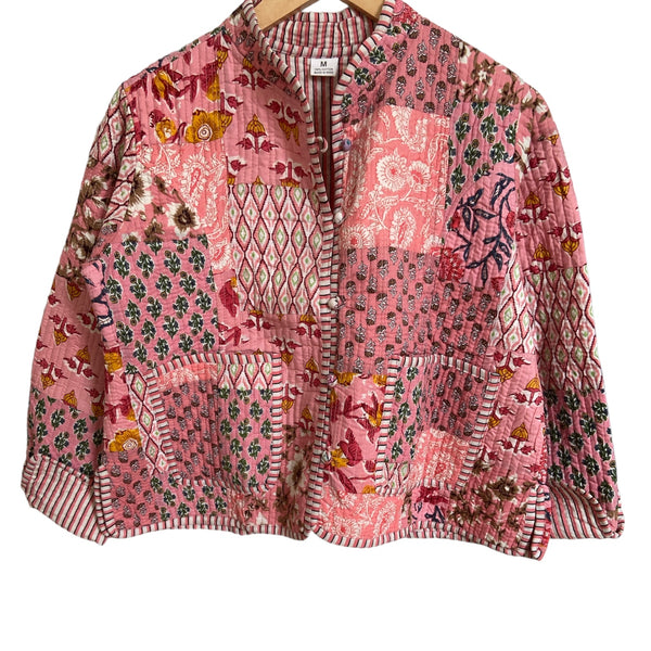 Vani Kantha Jacket Quilted Cotton Reversible Patchwork Pink