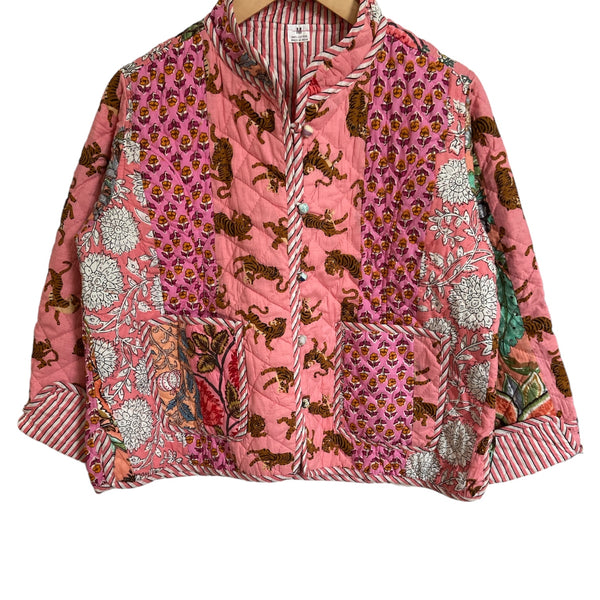 Vani Kantha Jacket Quilted Cotton Reversible Patchwork Tiger Pink