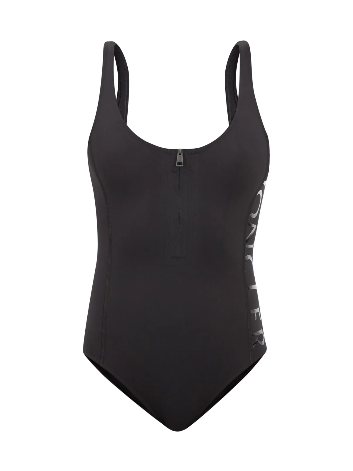 MONCLER Black Zip Neck Logo Print One Piece Swimsuit