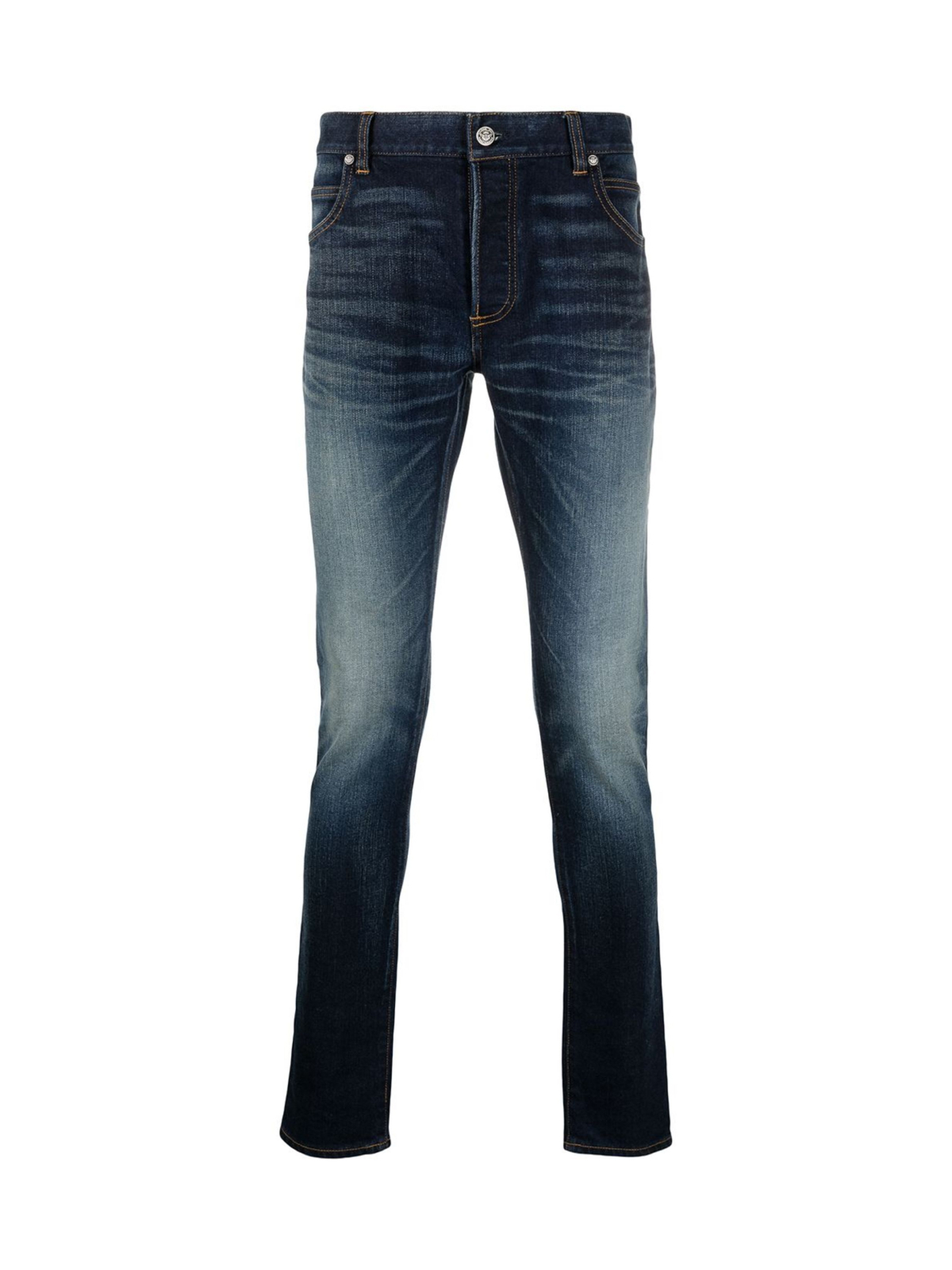 Balmain Blue Slim Fit B Logo Faded Jeans