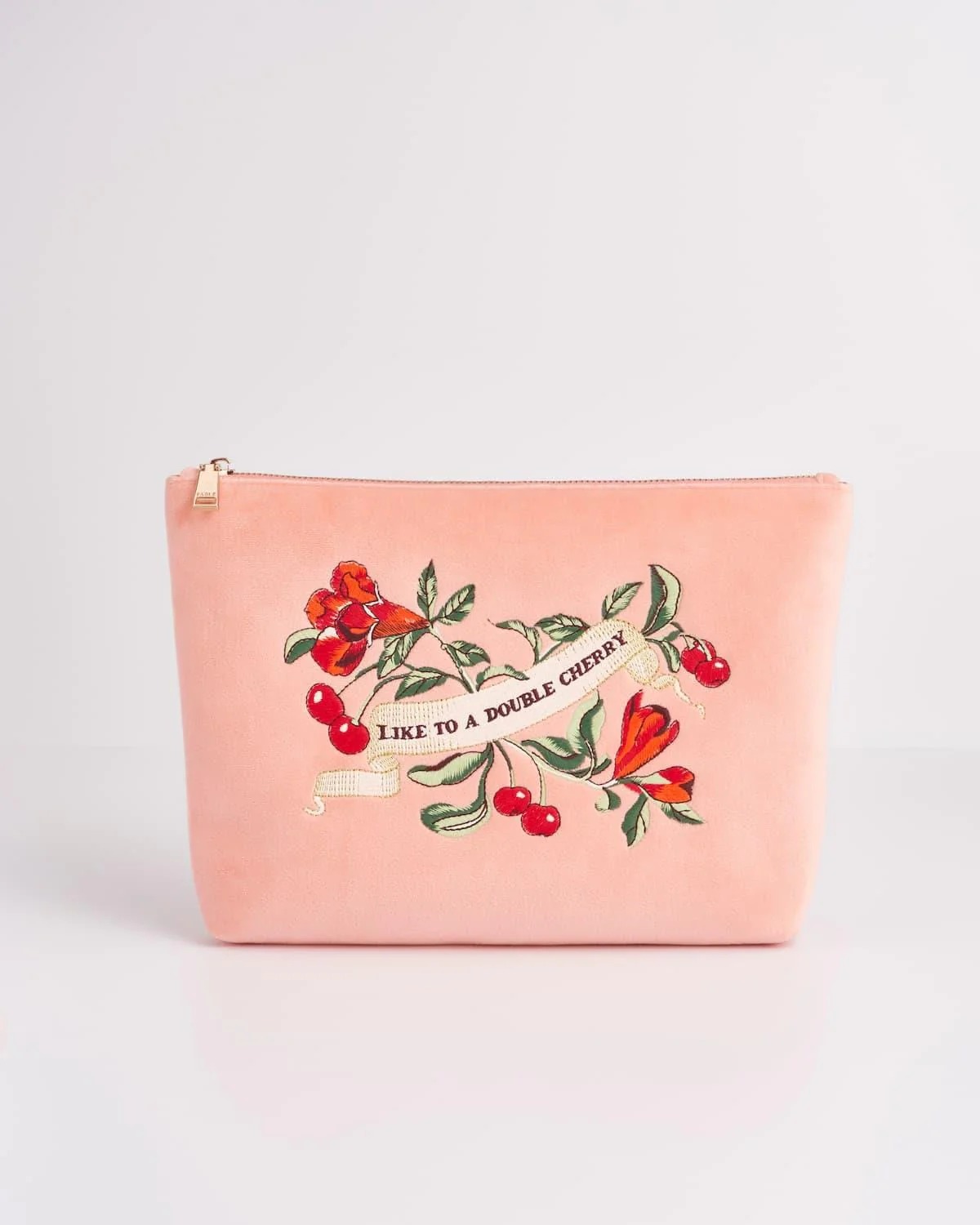 Fable England Midsummer Dream Cherry Embroidered Peach Velvet Pouch