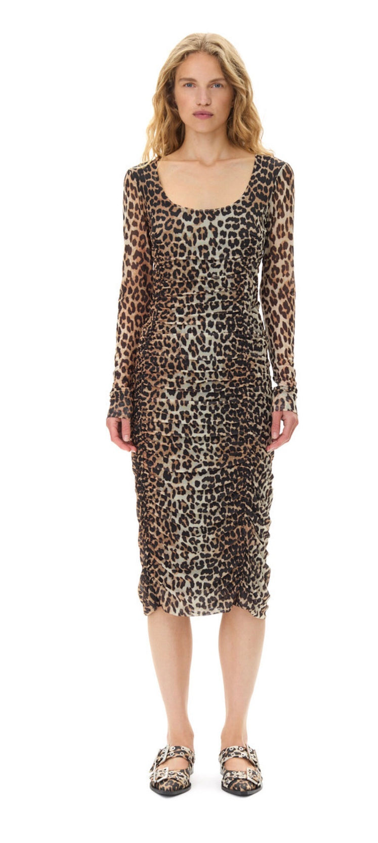 Ganni Ganni Leopard Mesh Printed Ruched Midi Dress