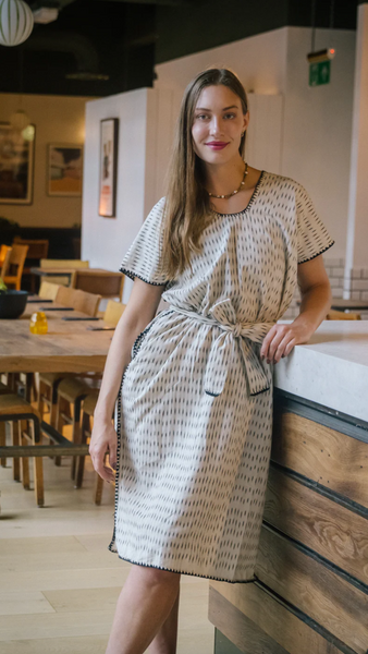 ARIFAH STUDIO Handloomed Ikat Kaftan In White & Black Stripe