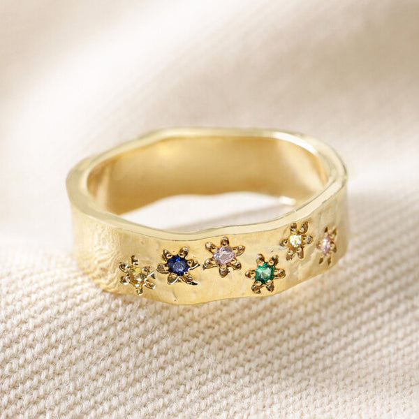 Lisa Angel | Multicoloured Crystal Daisy Band Ring | Gold