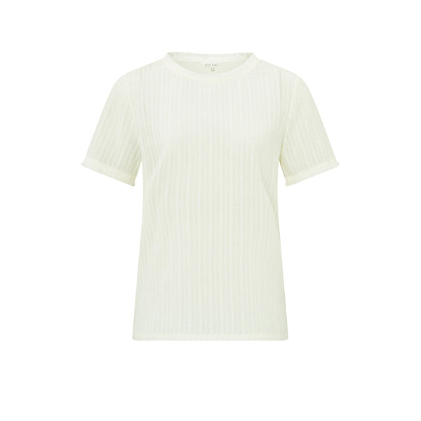 Yaya  Ivory White Cotton Round Neck and Short Sleeves Fringes Top