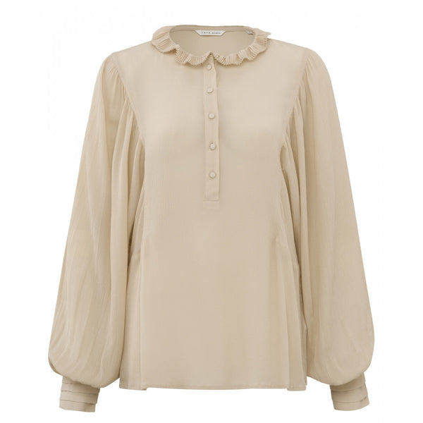 Yaya Peyote Beige Detailed Round Neck and Batwing Sleeves Woven Top