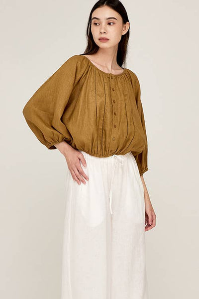 Grade & Gather Brown Olive Linen Blouson Blouse