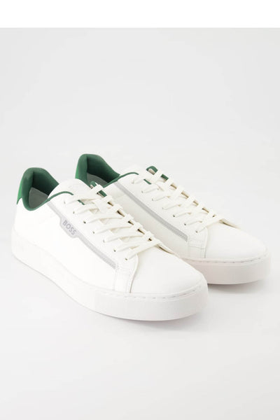 Hugo Boss Boss - Rhys_tenn Faux Leather Cupsole Trainers In White With Green Trim Detail 50502869 103