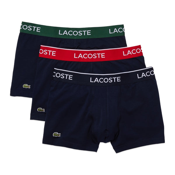 Lacoste 3 Pack Cotton Stretch Trunks - Navy With Red/green/navy Waistband