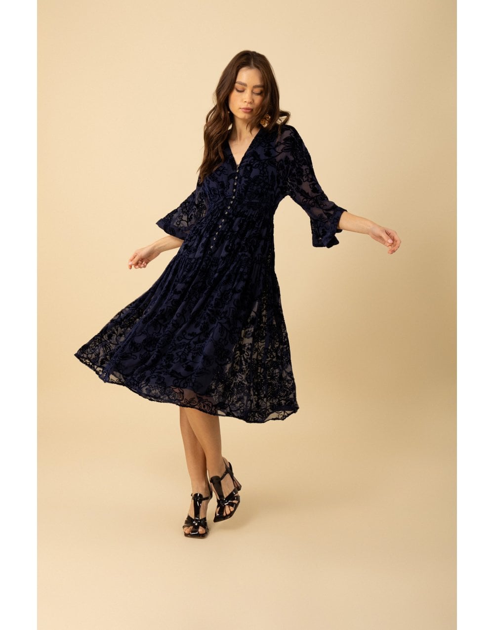 HALEBOB Floral Devore Sheer Sleeve Dress Size: L, Col: Navy