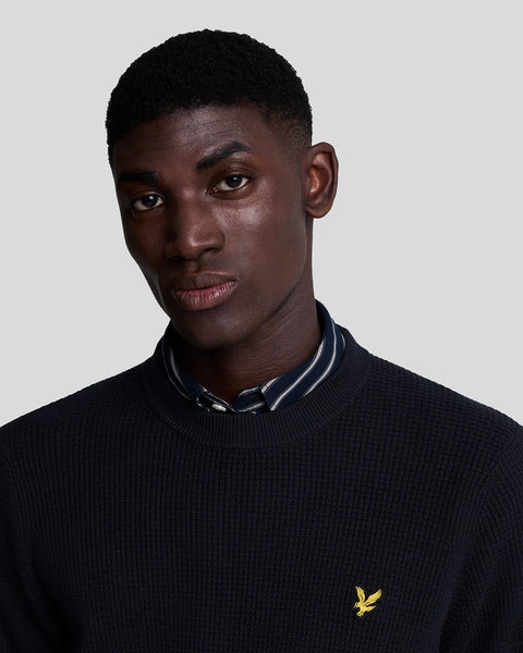 Lyle and Scott Grid Knit Crewneck Jumper In Dark Navy