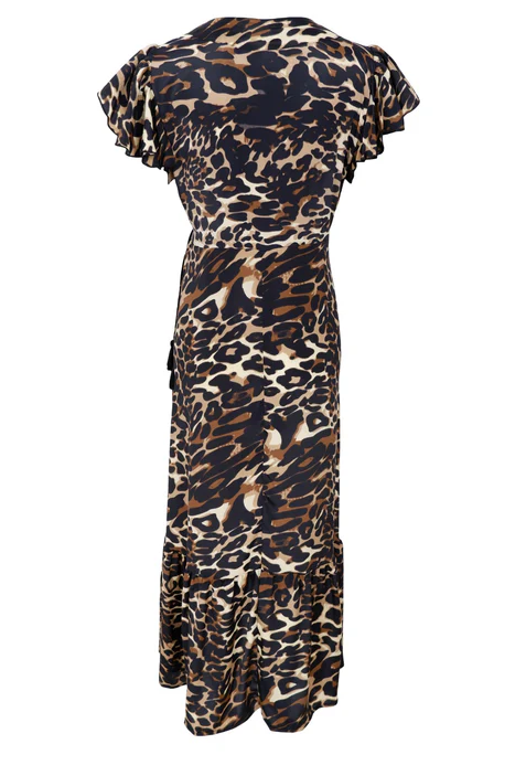 Black Colour Black Colour Flared Wrap Dress In Leopard Print