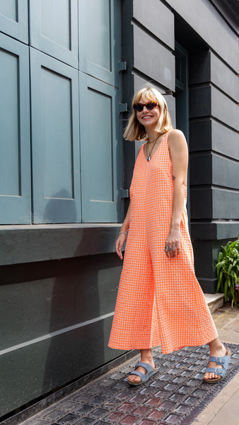 Wild Clouds Neon Orange Gingham Jumpsuit By X Percy Langley