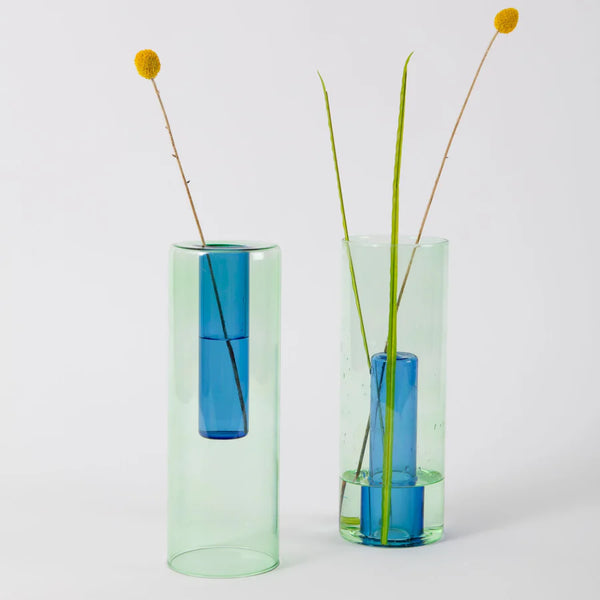 Block Design Reversible Large Glass Vase - Green / Blue