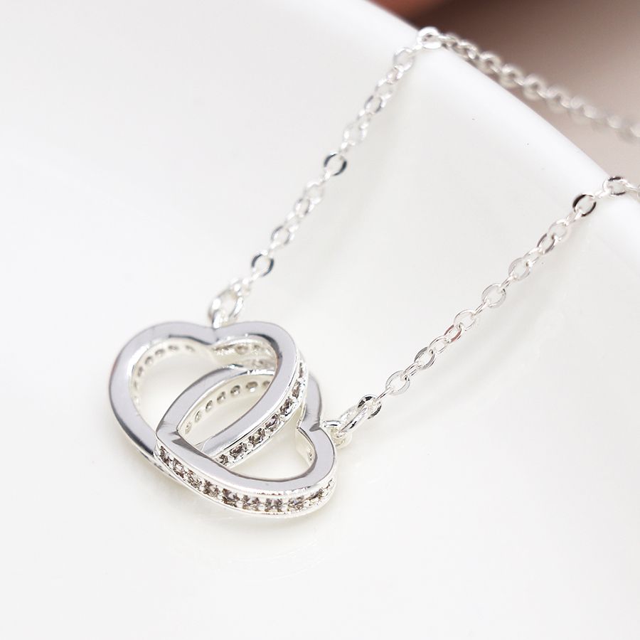  POM Jewellery Silver Plated Crystal Edged Linked Hearts Necklace