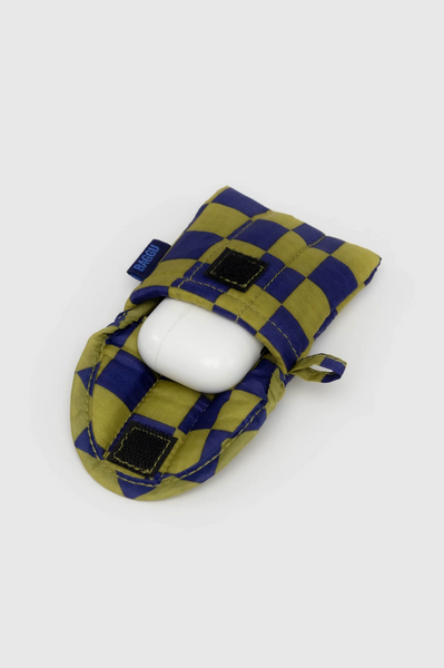 Baggu Pear Navy Check Puffy Earbud Case