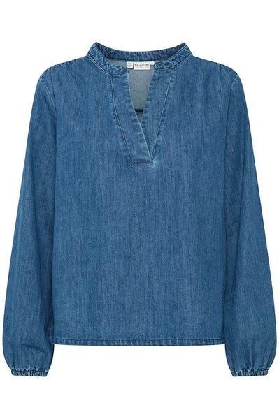 Pulz Jeans Pzmalia Medium Blue Denim V-neck Blouse