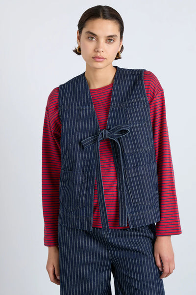 Damson Madder Damson Madder Dilly Gilet In Navy Pinstripe