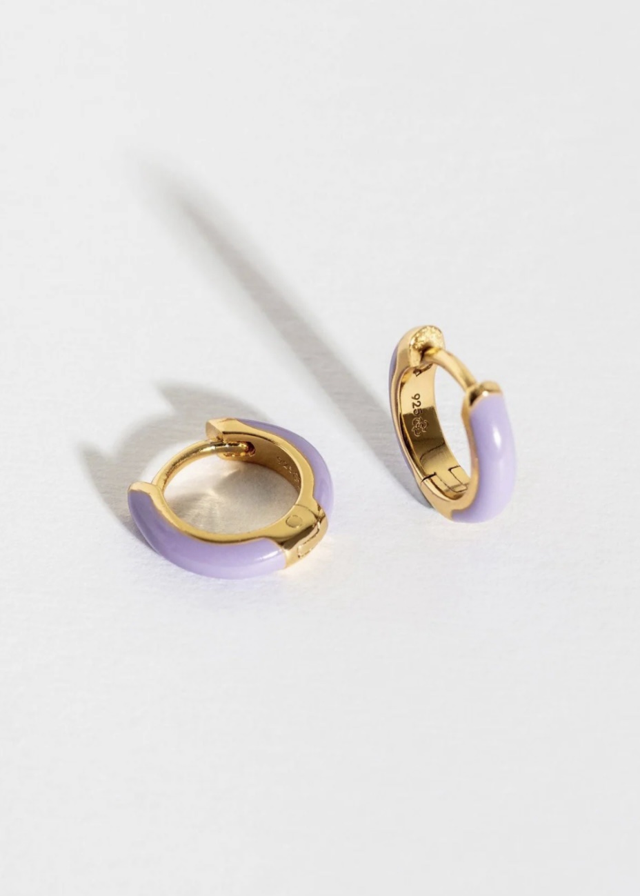 Claire Hill Designs Lavender Enamel Gold Huggie Earrings