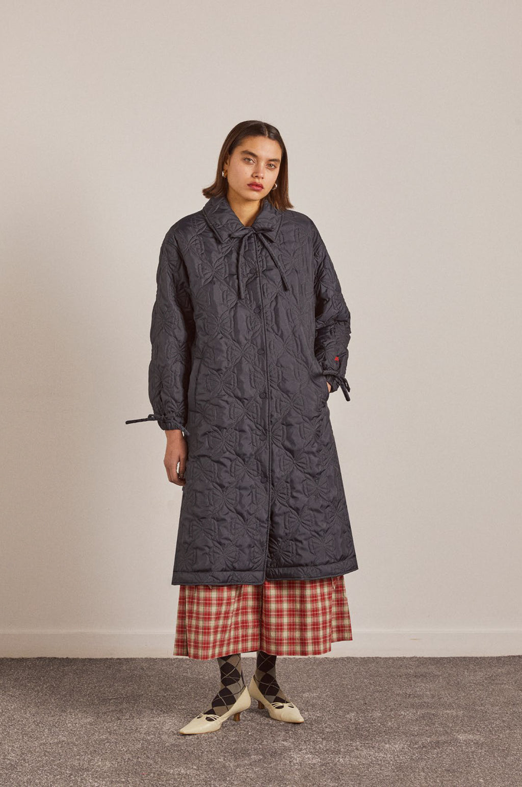 Damson Madder Aubrey Quilted Coat Black Bows