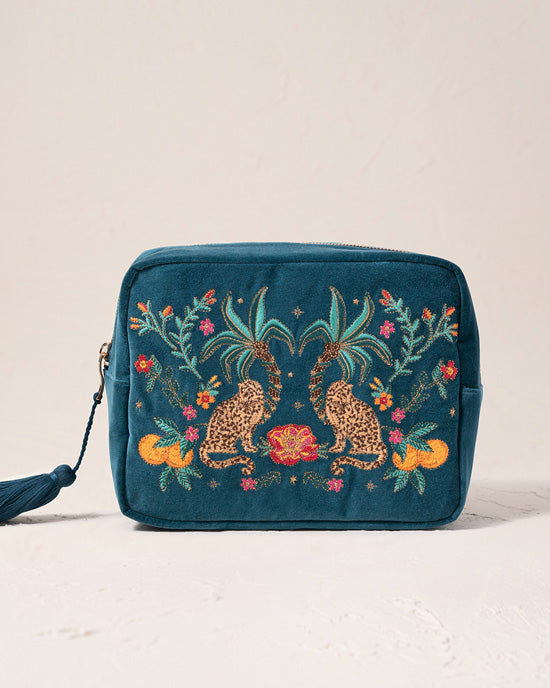 Elizabeth Scarlett Jungle Paradise Jaguar Rich Blue Velvet Wash Bag