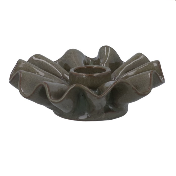 Gisela Graham Dinner Candle Holder - Stoneware Frill, Green