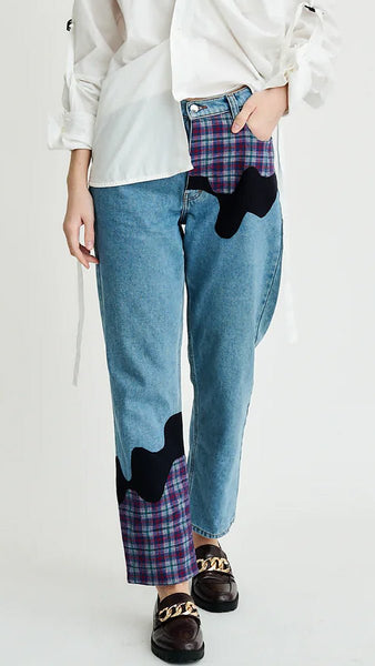 Fanfare Bobby Melt Plaid Patchwork Jeans