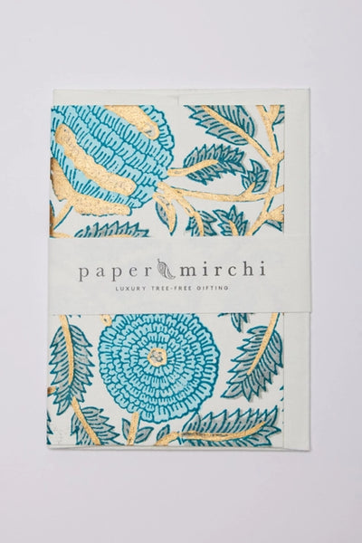 Paper Mirchi Hand Block Print Greeting Card-marigold Glitz Turquoise