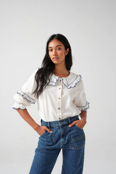 SEVENTY + MOCHI Phoebe Ecru And Electric Blue Embroidered Blouse