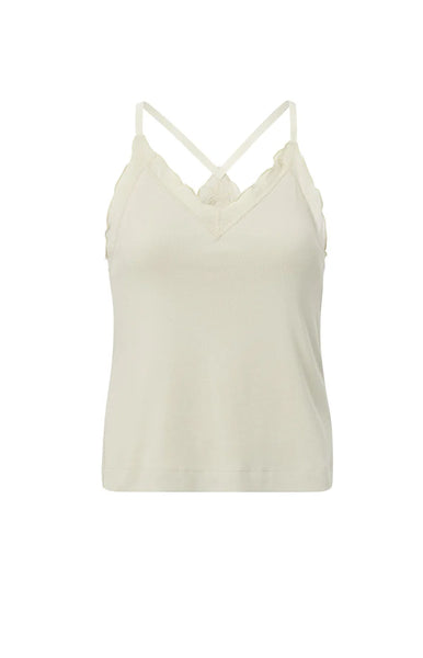 Yaya Singlet With Woven Details, V-neck, Ruffles And Cross Straps, Moonstruck Grey