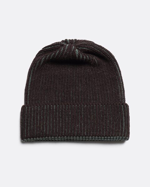 Far Afield Ribbed Knit Beanie Slate Brown/forest Green