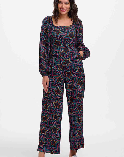 Sugarhill Brighton  Shirred Jumpsuit - Black, Rainbow Star Explosion