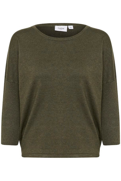 ICHI Mila Roundneck Pullover In Army Green Melenge