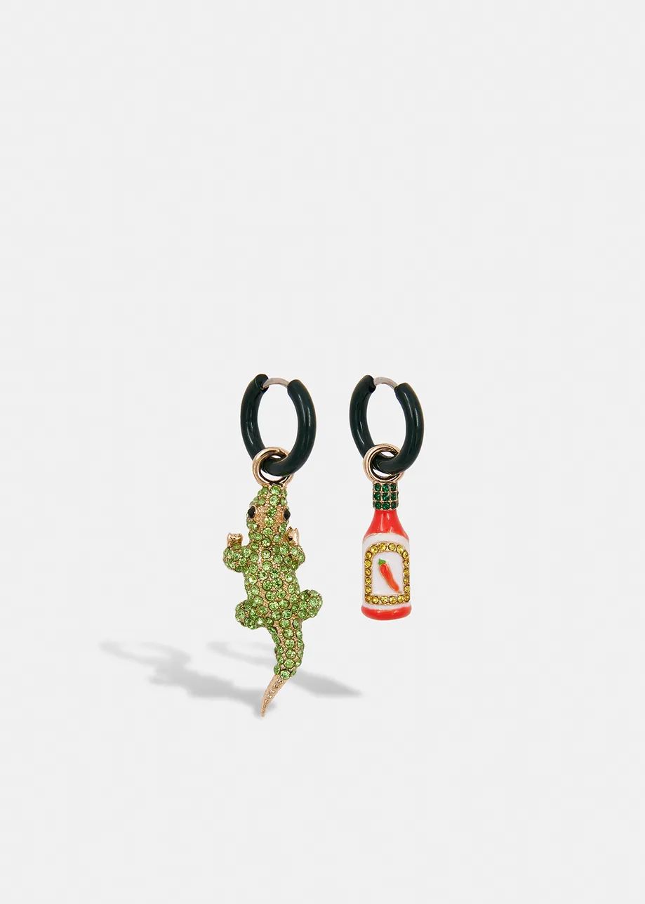 Essentiel Antwerp Black Hoop Earrings with Crocodile and Hot Sauce Bottle Pendants