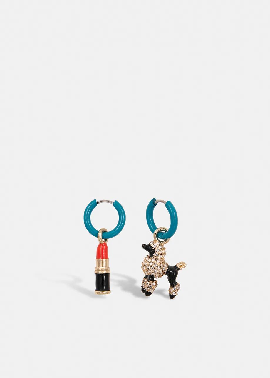 Essentiel Antwerp Blue Hoop Earrings with Poodle and Lipstick Pendants