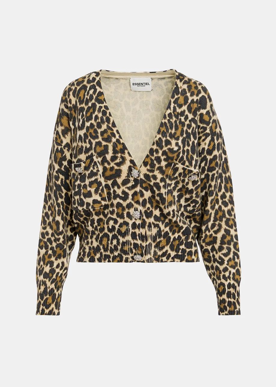 Essentiel Antwerp Leopard Generalite Cardigan with Rhinestone Buttons