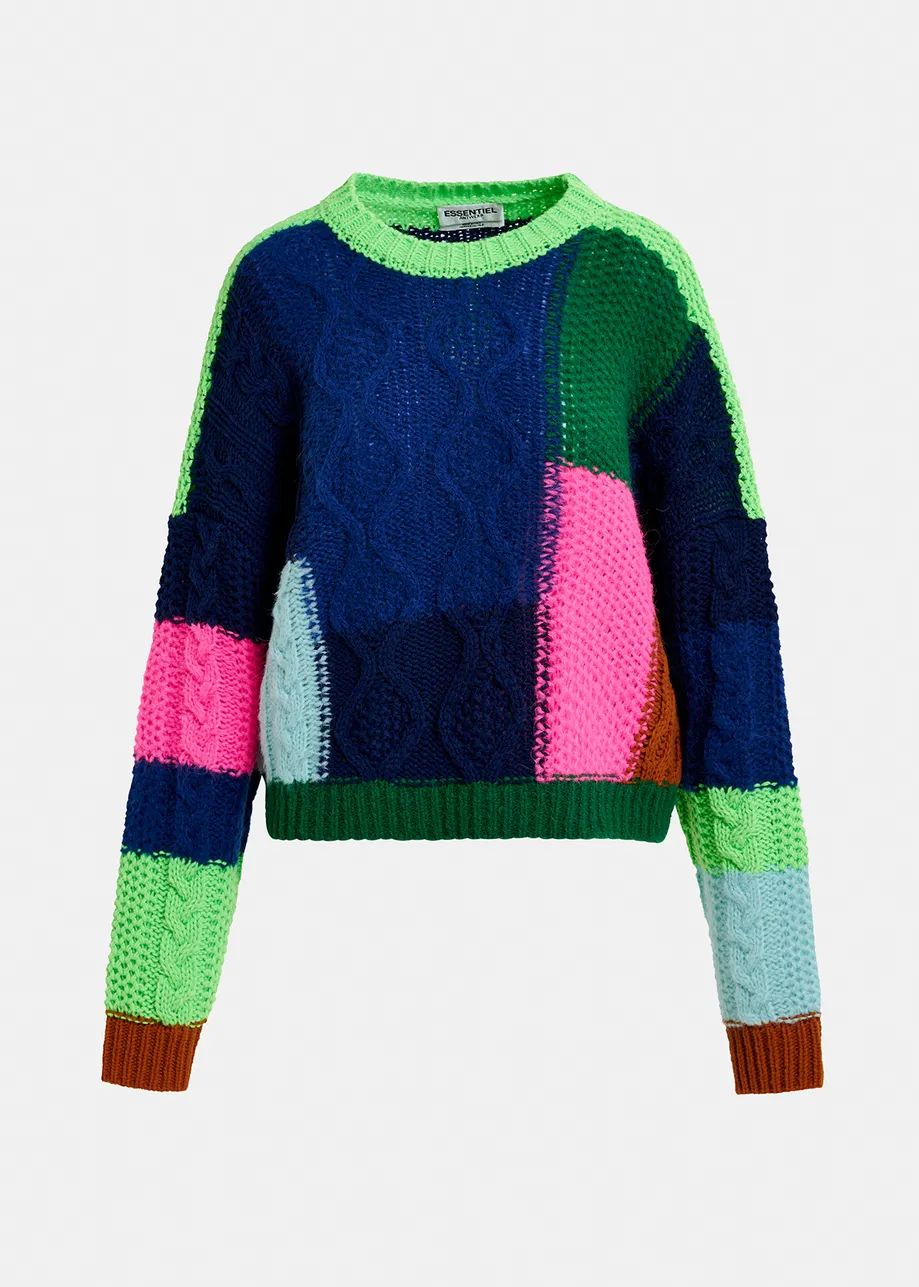 Essentiel Antwerp Navy Blue Green and Neon Pink Girlcrush Cable Knitted Patchwork Sweater